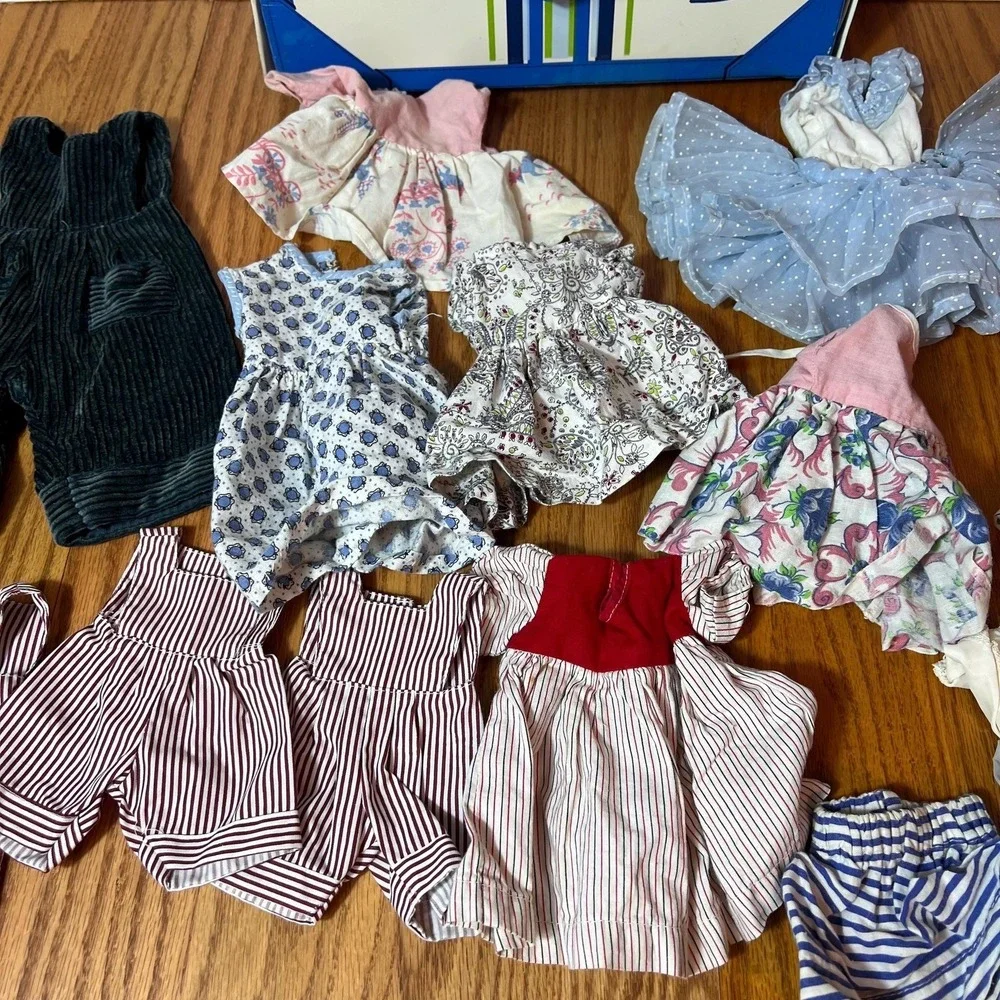 VTG Doll Clothes Lot w/ Blue Carry Case Mixed Doll Outfits Dresses Wardrobe